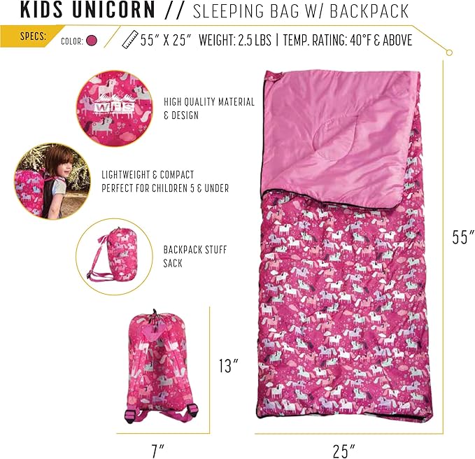 Kids 55" x 25" Unicorn 50 Degree Sleeping Bag with Backpack Stuff Sack, Pink