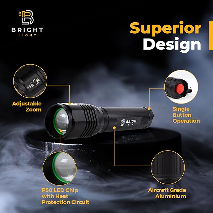 Bright Light Tactical Flashlight - Battery Powered AA Flashlight, 1200 Lumens, 5 Modes, P50 LED, High Contrast, Won't Get Hot, Zoom, Weatherproof, Billet Aluminum, Ideal for Camping and Emergency