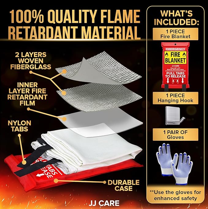 JJ CARE Fire Blanket – (Large) 4.9x4.9ft with Hooks & Gloves, Emergency Fire Blanket for Home & Kitchen, High Heat Resistant Fire Suppression Blankets for Home Safety, Kitchen, Camping