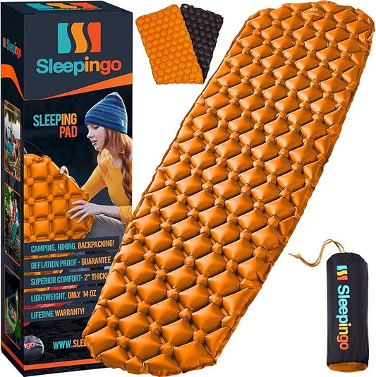 Sleeping Pad for Camping - Ultralight Sleeping Mat for Camping, Backpacking, Hiking - Lightweight, Inflatable Air Mattress - Compact Camping Mats for Sleeping-Orange with Black back-1pk