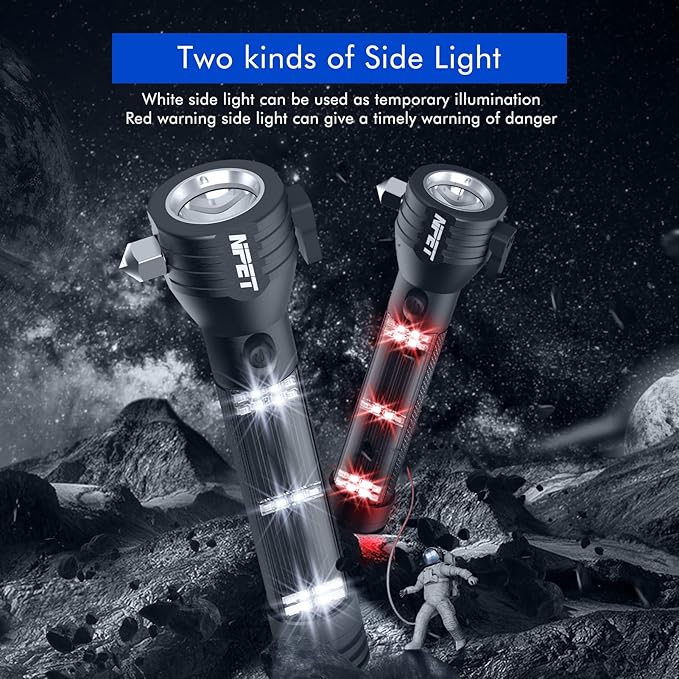 NPET T09 Solar Flashlight Car Flashlight 268 Lumens LED COB Light USB Rechargeable Tactical Multi-Function Torch Tool with Window Breaker Seat Belt Cutter Compass