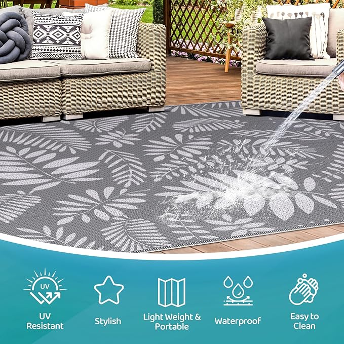 Outdoor Rug, Patio Rug, Plastic Straw Camping Rugs, Large Waterproof Area Rug and Mat for Outdoors, RV, Patio, Backyard, Deck, Porch, Beach, Balcony, (4'x 6', White&Gray)