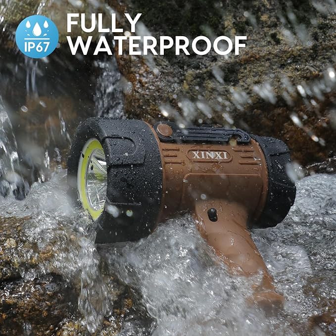 XINXI 1000,000 Lumens Rechargeable Spotlight with COB Floodlight, 6 Light Modes and USB Charger for Hiking, Boating, Hunting, IP67 Waterproof Handheld Flashlight with red Filter(Brown)