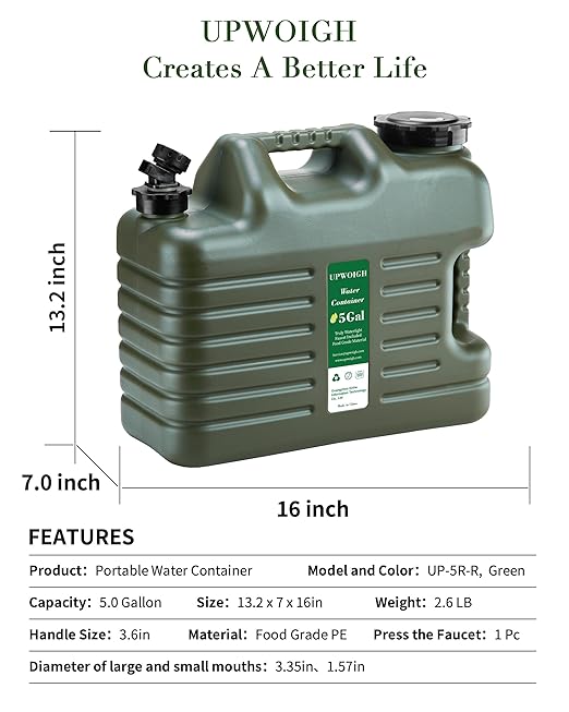 5 Gallon Water Jug, Camping Water Container,Truly No Leakage Water Storage,Large Military Green Water Tank,BPA Free Portable Emergency Water Containers for Outdoors Hiking Accessories