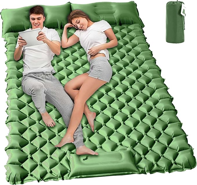 Double Sleeping Pad for Camping, 2 Person Ultralight Inflatable Sleeping Mat with Pillow and Built-in Foot Pump, Portable Camping Mattress for Tent, Backpacking, Hiking, Traveling