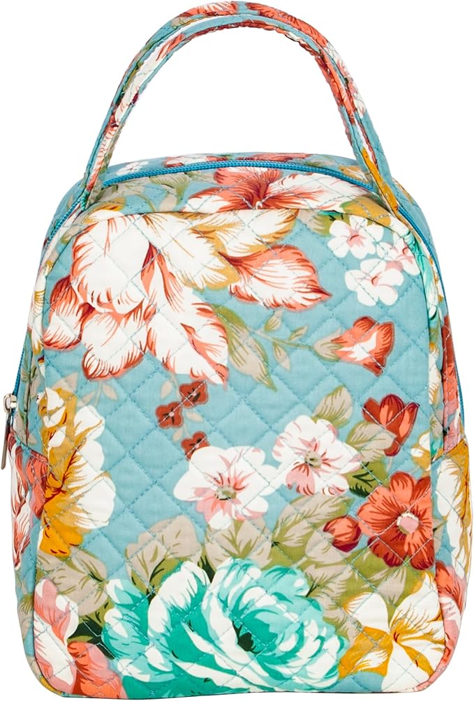 Machine Washable Women Quilted Fabric Insulated Reusable Cooler Lunch Bag Tote Adult Thermal Lunch Box Storage Bag for Work (Floral)