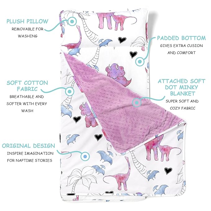 JumpOff Jo - Toddler Nap Mat - Sleeping Bag for Kids with Removable Pillow and Ultra Soft Blanket for Preschool, Daycare, and Sleepovers - Pink Dino