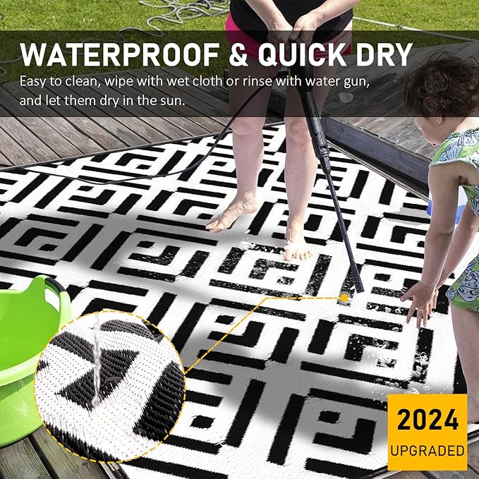 Outdoor Rug 6x9Ft, Solar Powered Outdoor Camping Rug with 93LEDs Strip Lights, Waterproof Plastic Reversible Outdoor Straw Rug, Rug Mat for RV Camping Patio Beach Balcony House Deck Picnic