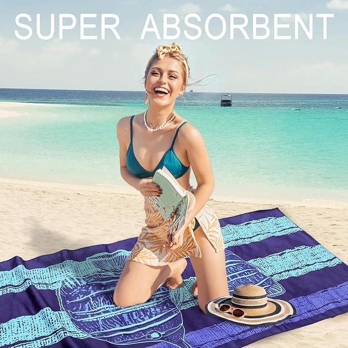 Bnuitland Stripy-Blue Fishes Pattern Beach Towel (35X75 inches), Oversized Quick Drying Absorbent Sand Free, Cute Towels for Travel Swimming Pool Picnic, 88% Polyester and 12% Polyamide, Blue