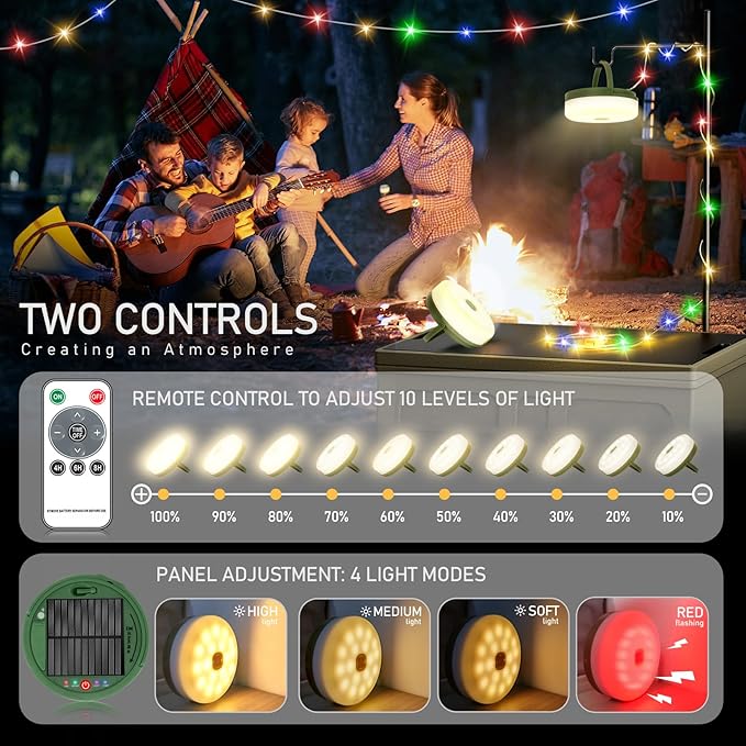 Camping String Lights,Solar Rechargeable Portable Outdoor LED String Light with Remote Control(39.4 Ft Multicolored Lights),Yard Tent Hanging Garden Party Festival Deco String Lights