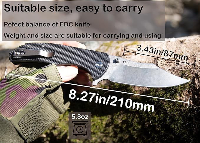 FD04 Folding Pocket Knife, D2 Steel Blade G10 Handle and Button Lock EDC Pocket Cool Knife for Men and Women, Camping Hunting Hiking Fishing Knives Tools (Black Clip)
