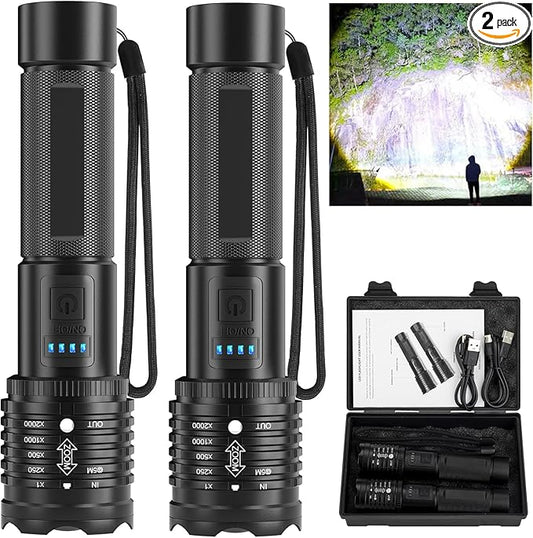 Rechargeable LED Flashlights High Lumen: 990,000 Lumens Super Bright Tactical Flashlight with 3 Modes & IPX7 Waterproof, Handheld Powerful Flash Light for Home Camping(2 Packs)