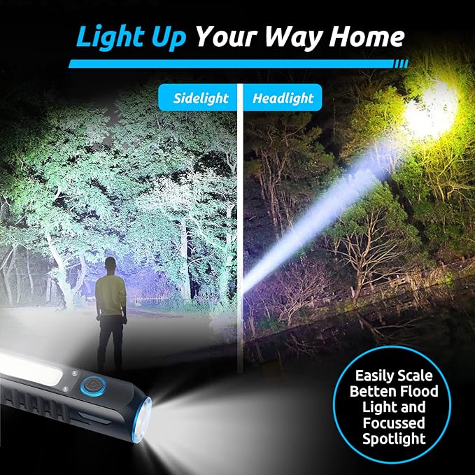 Flashlight Rechargeable Magnetic LED Flashlight 500LM Super Bright LED Tactical Flashlight with Cob Sidelight Waterproof 8 Modes for Camping Emergency and Outdoor Use 2 Pack