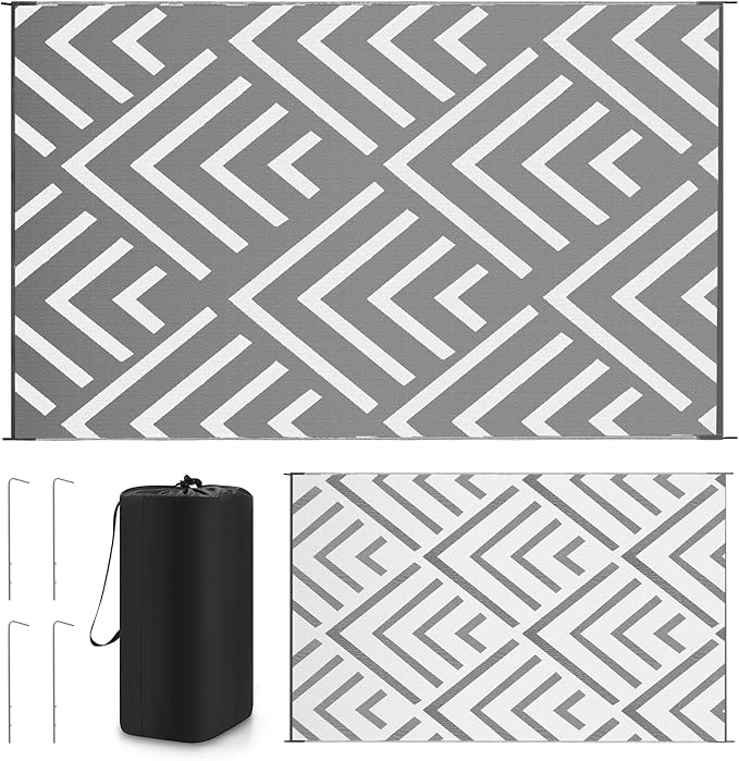 Kohree RV Outdoor Rugs 6x9, Patio Rugs Outdoor Waterproof Camping Mat, Indoor Outdoor Carpet with 4 Loops for Patio, Camping, Backyard, Picnic, Grey