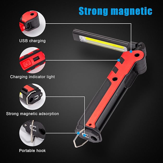 Work Light, Hanging Hook 270°Rotate Magnetic Flashlight,2 Lighting Modes, 2000mAh Cordless Portable Magnetic COB LED Inspection Light for Car Repairing,Workbench,Camping,Emerency.