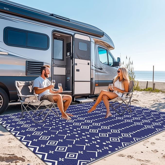 StepRite 8’ x 10’ Reversible Outdoor Rug, Waterproof Plastic Straw Rug, Patio Rug, Large Modern Area Rug Carpet, Indoor Outdoor Rugs for Camping, Porch, Deck, Balcony, Backyard, RV, Picnic(Blue)