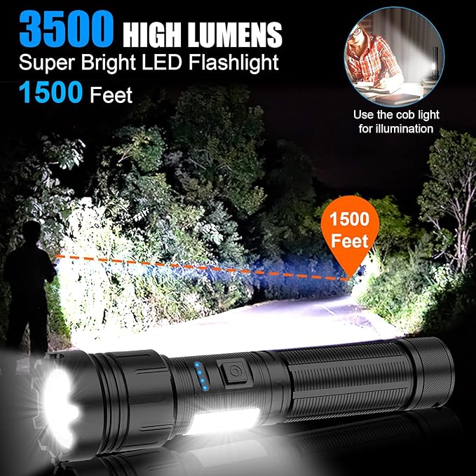 iToncs LED Flashlight Rechargeable, 3500 Lumens Super Bright Magnetic Flashlight with COB Work Light, IPX67 Waterproof, 3+4 Modes, XHP50 Tactical Flashlights for Outdoor Camping Emergency