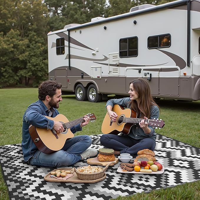 GENIMO Outdoor Rug Waterproof 9x12 ft, Lightweight Plastic Straw Rugs, Outside Reversible Large Mat Carpet for Patio, Camping, RV, Deck, Balcony, Porch, Backyard, Black & White