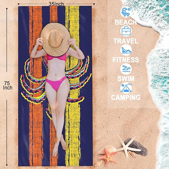 Bnuitland Octopus Pattern Beach Towel (35X75 inches), Oversized Quick Drying Absorbent Sand Free, Cute Towels for Travel Swimming Pool Picnic, 88% Polyester and 12% Polyamide