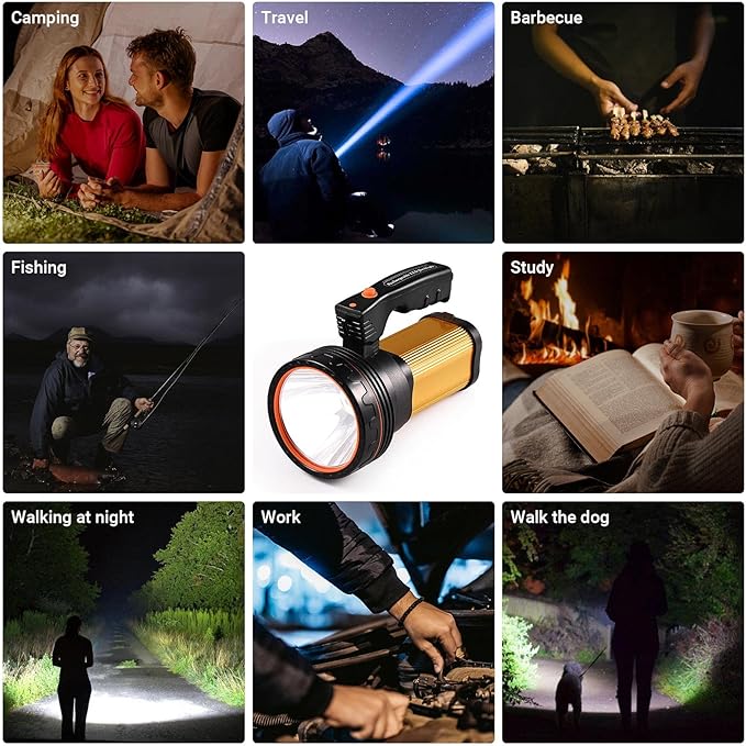 Flashlights High Lumens Rechargeable, 1000,000LM LED Rechargeable Flashlights, IP68 Waterproof Linterna Recargable, 10000mAh Long Lasting Flashlights for Home, Camping, Boat, Farm Use.(Gold)