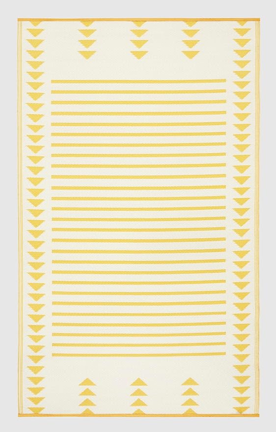 FH Home Outdoor Rug - Waterproof, Fade Resistant, Crease-Free - Premium Recycled Plastic - Geometric - Porch, Deck, Balcony, Mudroom, Laundry Room, Patio - Hampton - Yellow Crease Free - 3 x 5 ft