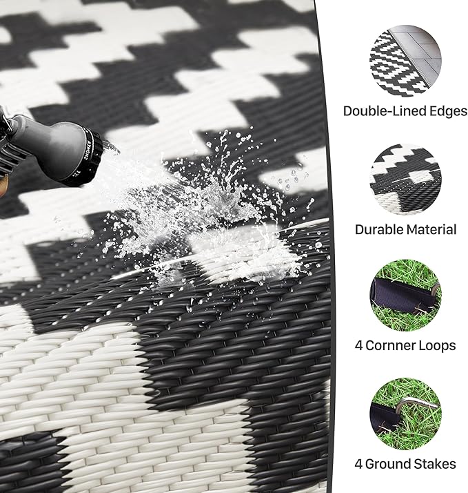 GENIMO Outdoor Rugs 8x10 Waterproof, Reversible Mats, Area Plastic Straw Rug, Outside Carpet, Geometric Rv Mat for Patio Camping Picnic Backyard Deck Balcony Porch Beach Trailer (Black & White)