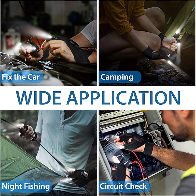 LED Flashlight Gloves for Men Women – Bright Lighted Fingerless LED Gloves for Handyman, Plumber, Mechanic Elastic Design, Waterproof, Battery Powered – Unique Gift Cool Gadgets for Men, Dad, Husband