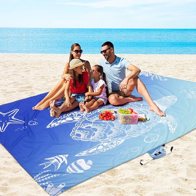 Lightweight Beach Blanket - Oversized 107" x 77" - Waterproof Sandproof - Double Anchored for Fun Leisure Beach Blanket - with Stake and Pouch - Durable Sand Beach Mat