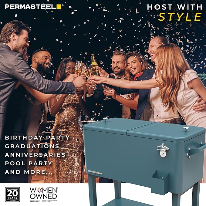 Permasteel 80-Qt Outdoor Patio Cooler with Removable Basin, Outside Beverage Cooler Cart, Rolling Cooler with Wheels and Handles, Teal Green