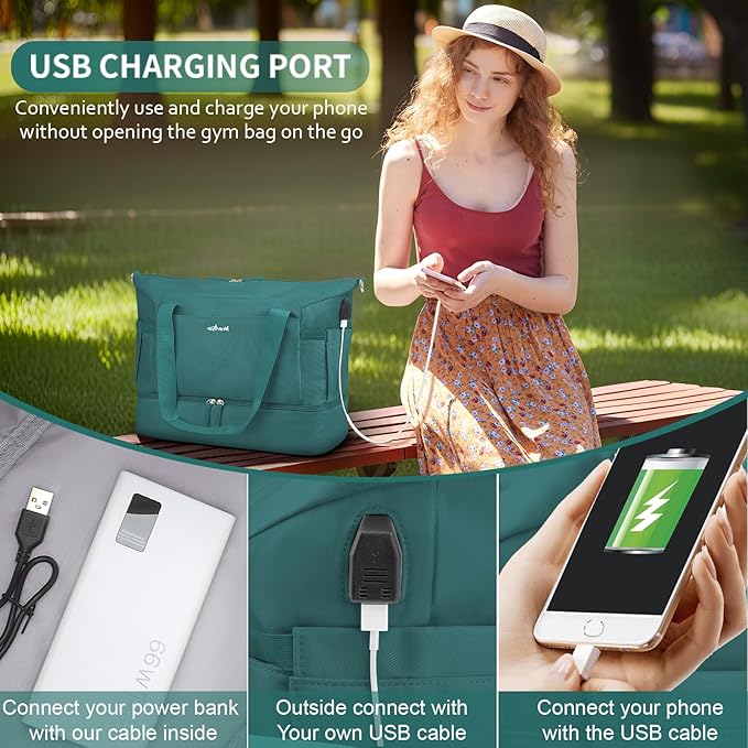 ETRONIK Gym Bag for Women, Travel Duffel Bag with USB Charging Port, Weekender Overnight Bag with Wet Pocket & Shoes Compartment for Women, Travel, Gym, Yoga (Malachite Green)