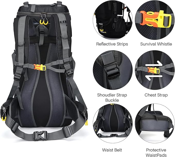 ShowyLive 60L Waterproof Hiking and Camping Backpack for Men - Durable, Lightweight Large Hiking Backpack with Rain Cover, Multi Compartments, and Adjustable Straps, Black