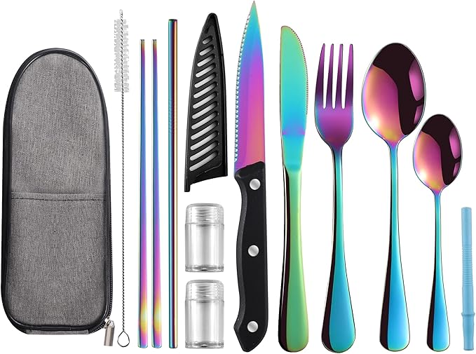 Portable Travel Utensils Set,Reusable Utensils,Travel Camping Cutlery Set,Stainless Steel Flatware Set with Case,Lunch Boxes Workplace Camping School Picnic (Rainbow)