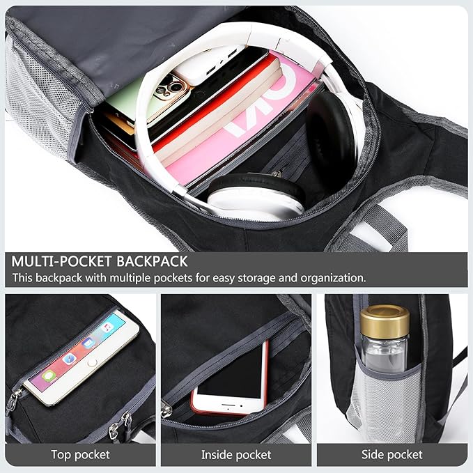 15L Lightweight Hiking Backpack Foldable Small Travel Backpack Packable Camping Backpack for Women Men (Black)