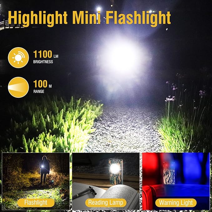 V7 Mini Powerful EDC Flashlight High Lumens 1100LM LED Rechargeable Flashlight with Magnetic and Cilp,Small Pocket Flash Light with Red Blue UV Light