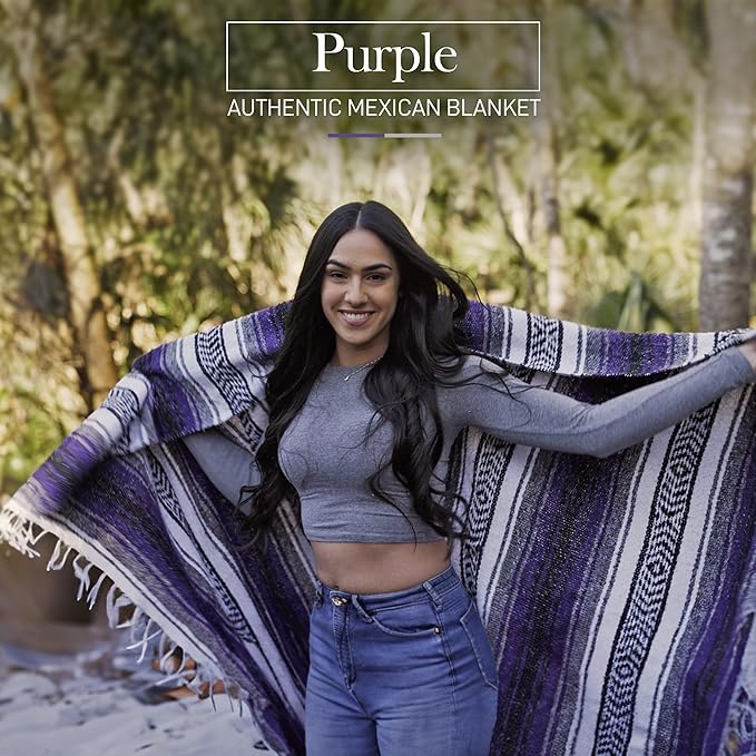Authentic Extra Large Mexican Blanket (70"x50") - Handwoven Yoga Blanket, Serape Blanket - Artisanal Falsa Blanket, Beach Blanket, Camping Blanket, Picnic Blanket, Outdoor Blanket (Purple)