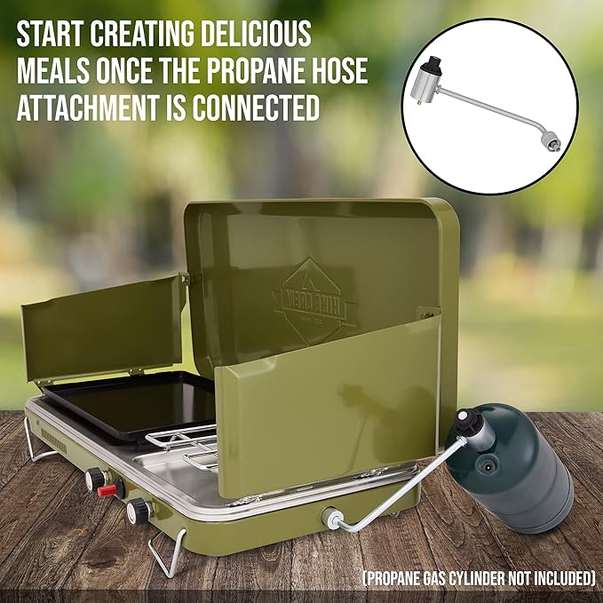 Hike Crew 2-in-1 Gas Camping Stove | Portable Propane Grill/Stove Burner w/Integrated Igniter & Stainless Steel Drip Tray | Built-in Carrying Handle, Foldable Legs & Wind Panels | Includes Regulator