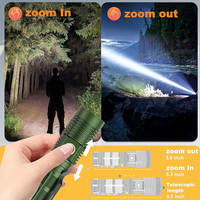 Small Tactical Flashlights 20000 High Lumens - 1500 Meters Long Beam Super Bright LED Magnetic Flashlight USB Rechargeable Zoomable 5Modes Long Beam Spotlight Flashlight for Hiking, Camping-Green