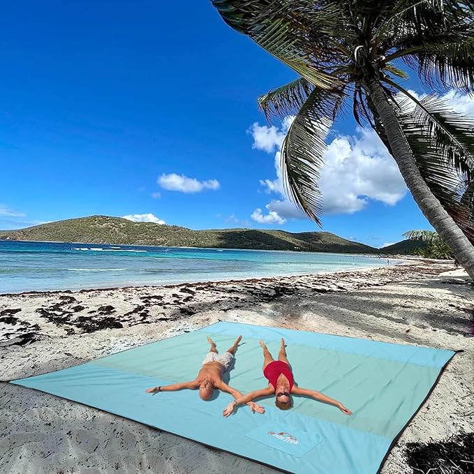 Beach Blanket Sandproof, Extra Large Beach Mat, Sand Free Mat Quick Drying, Lightweight, Soft & Durable Mat for Beach, Yard (Sky Blue & Mint Green, 6.6 x 6.6 FT (1~4 Person))