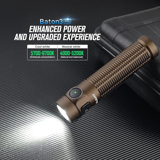OLIGHT Baton3 Pro 1500 Lumens EDC Rechargeable Flashlights with MCC3, Compact Pocket Flashlight with L-Shape Stand and High Performance LED for Camping, Hiking and Emergency (Desert Tan Cool White)