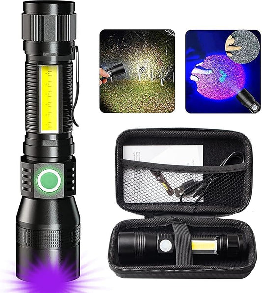 UV Flashlight Black Light, 3 in-1 Blacklight Flashlight High Lumens Rechargeable, Magnetic LED Flashlight with COB Work Light, 7 Mode Waterproof Flash Light for Emergency Camping Pet Urine Detection