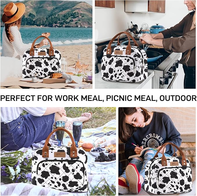 Buringer HOMESPON Lunch Bag for Woman Man Adults with Front Pocket Insulated Lunch Tote Lunch Box Container for Work Picnic or Travel(Cow)