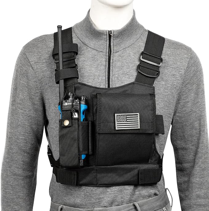 LUITON Radio Chest Harness with Reflective Strips Shoulder Holster Radio Vest Holder Two Way Radio Vest Rig Walkie Talkie Case with Front Pack Pouch for Motorola/Midland/Baofeng/Retevis(2 Pack)