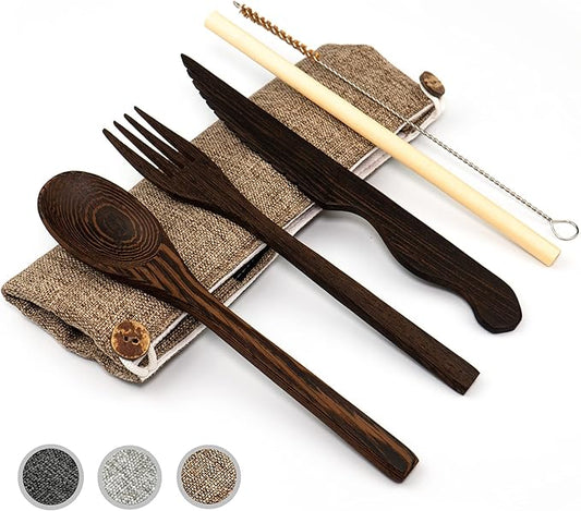 Jungle Culture® Premium Wooden Travel Utensils • Knife, Fork, Spoon, Straw, Case • Eco Friendly Alternative to Bamboo Cutlery • Coconut Bowls Zero Waste Reusable Flatware • Portable Camping Picnic Set