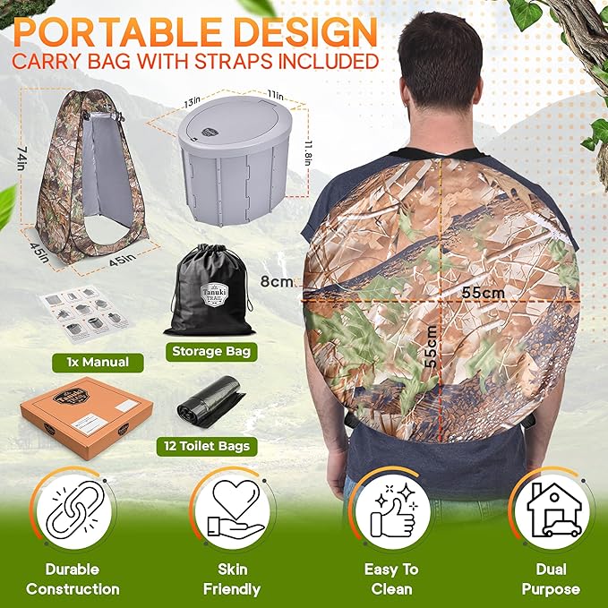 Portable Toilet for Camping with Lid + Pop-Up Privacy Tent, Adults + Kids, Folding Waterproof Porta Potty for Travel, Car, Hiking, Boat, Beach, Tent, Outdoor Trips + 12 Waste Bags