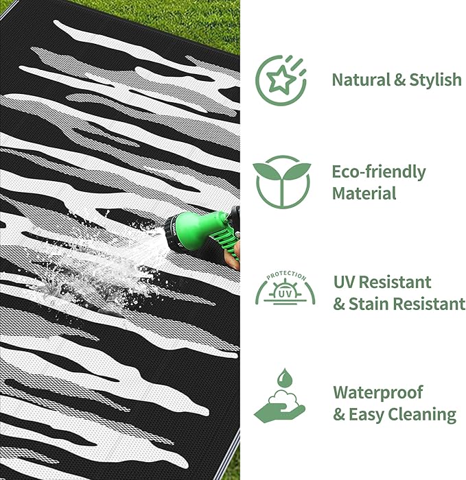 GENIMO Outdoor Rug for Patio Clearance, 8'x10' Waterproof Camping Mat, Reversible Plastic Straw Rugs for RV, Camper, Balcony, Backyard, Picnic, Deck (Black&White)