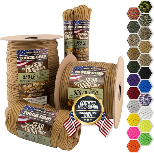 TOUGH-GRID Premium Grizzly Brown Paracord 550 lbs Made in USA Outdoor Survival Nylon Rope Tactical Heavy Duty Strands Parachute Cord Used by US Military Type III Mil-Spec