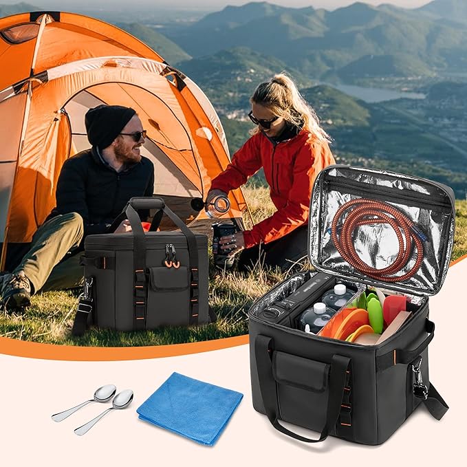 Trunab Moisture-Proof Camping Organizer and Storage Tote, Portable Outdoor Camping Bag with Adjustable Dividers and Insulated Compartment, for Hiking Cookware, Picnic, Grilling, Travel, Car, Black