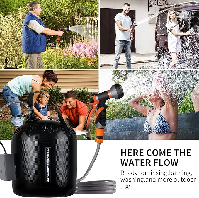Portable camping shower, 5gallons/20 liters rechargeable air pump outdoor electric camping shower, 8 spray modes, solar heating black PVC airbag, built-in thermometer, beach, camping, hiking