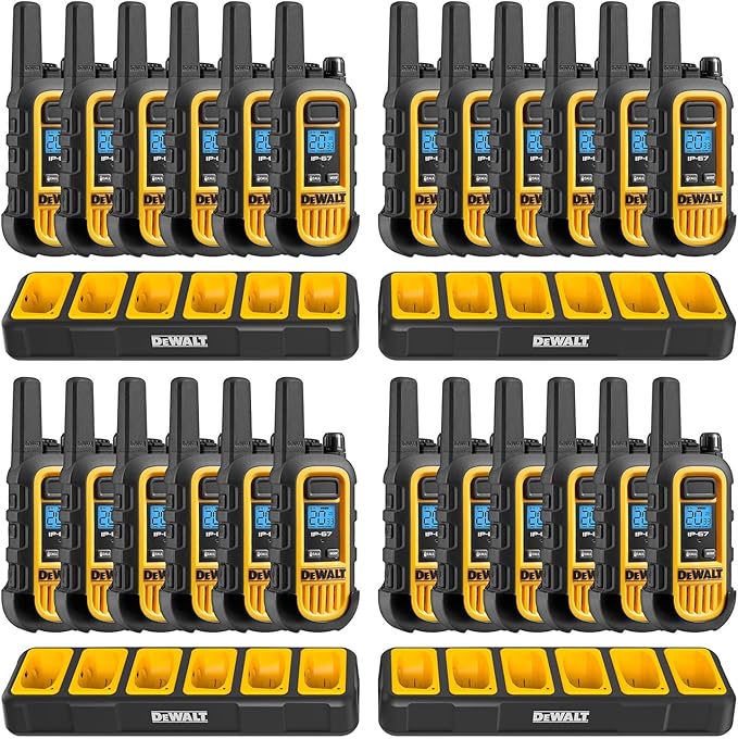 DEWALT DXFRS300 1 Watt Heavy Duty Walkie Talkies - Waterproof, Shock Resistant, Long Range & Rechargeable Two-Way Radio with VOX (24 Pack w/ 4X Gang Chargers) (4DXFRS300-BCH6)