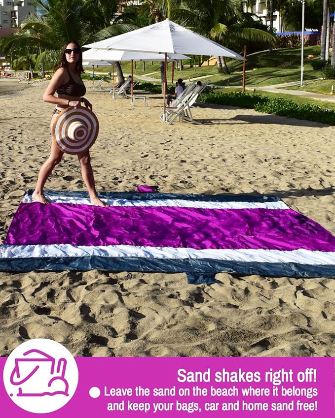 ECCOSOPHY Sandproof Beach Blanket - Oversized Sand Free Beach Mat 9'x10' - Lightweight Outdoor Picnic Blanket Anchored with 4 Corner Sand Pockets & Plastic Stakes - Heat Proof, Quick Drying & Compact